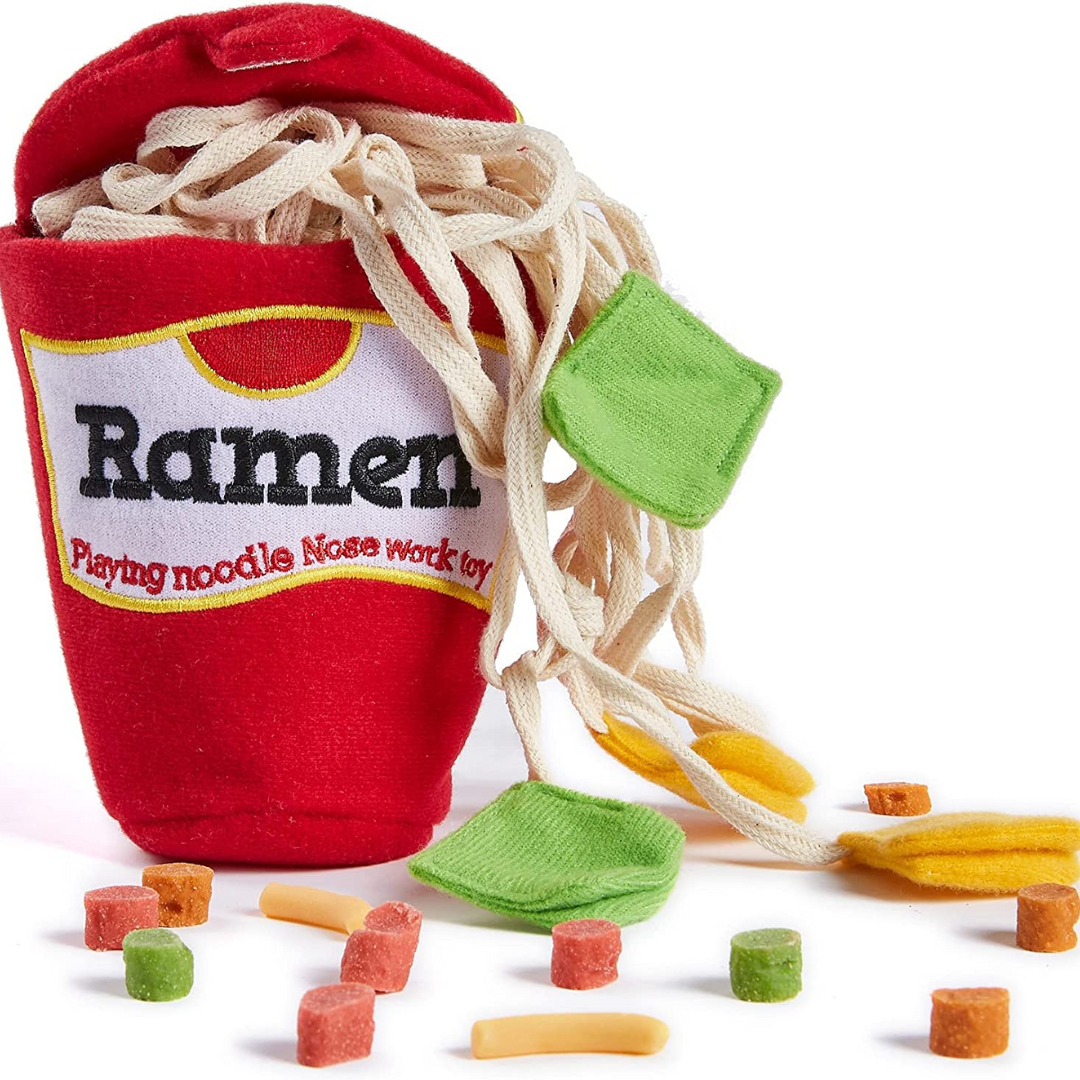 PETMAX Ramen Noodle Cup Dog Toy for Treat Dispensing and Nose Work, Interactive Dispensing Toys, Plush Food Hide and Sniff Toy for Small and Medium Breed Dogs and Puppies