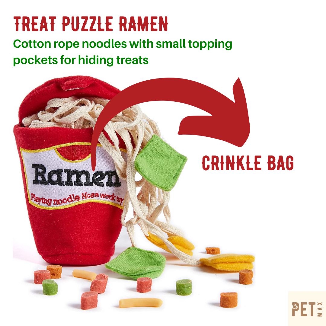 PETMAX Ramen Noodle Cup Dog Toy for Treat Dispensing and Nose Work, Interactive Dispensing Toys, Plush Food Hide and Sniff Toy for Small and Medium Breed Dogs and Puppies