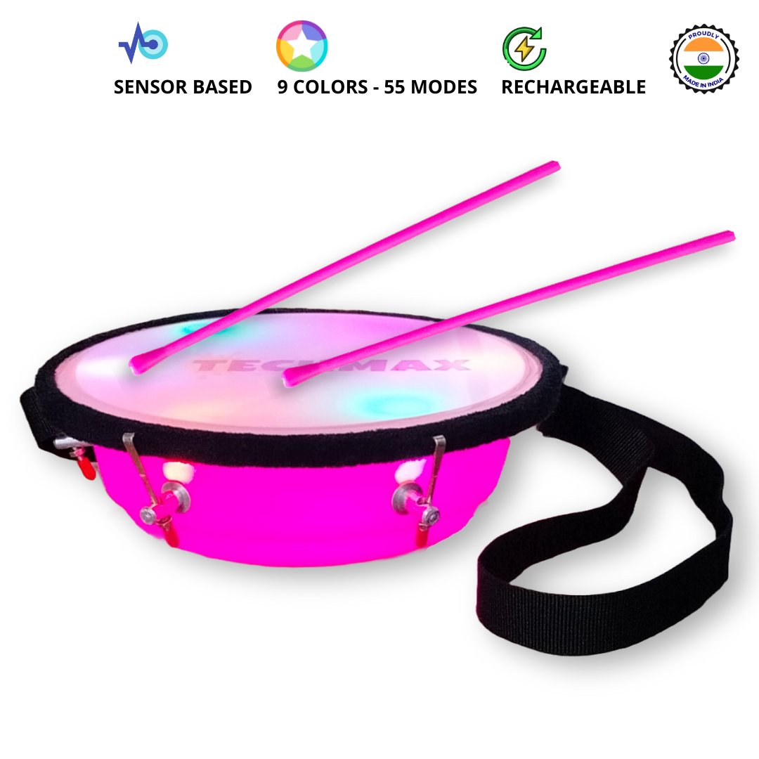 9Inch - Pink - Plastic  - Lighting Dholak Tasha - Sensor Based - Single Side