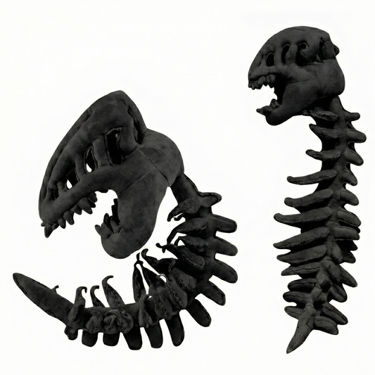 TechMax Solution Black Dinosaur Skeleton Plush - Flexible Dark T-Rex Fossil Stuffed Animal, Wearable Dino Hat & Neck Pillow