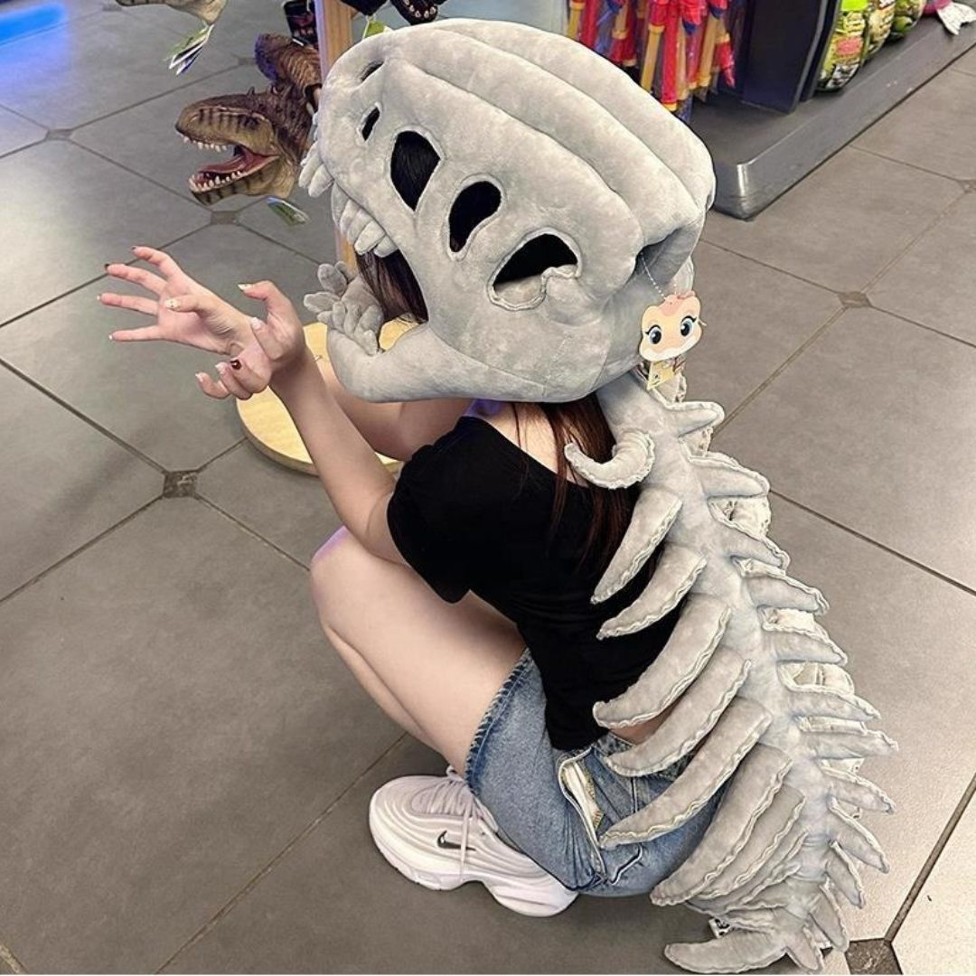 TechMax Solution Black Dinosaur Skeleton Plush - Flexible Dark T-Rex Fossil Stuffed Animal, Wearable Dino Hat & Neck Pillow