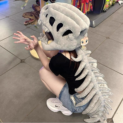 TechMax Solution Black Dinosaur Skeleton Plush - Flexible Dark T-Rex Fossil Stuffed Animal, Wearable Dino Hat & Neck Pillow