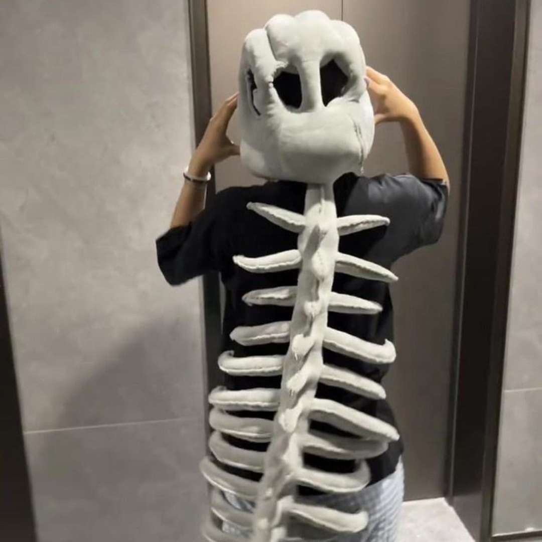 TechMax Solution Black Dinosaur Skeleton Plush - Flexible Dark T-Rex Fossil Stuffed Animal, Wearable Dino Hat & Neck Pillow