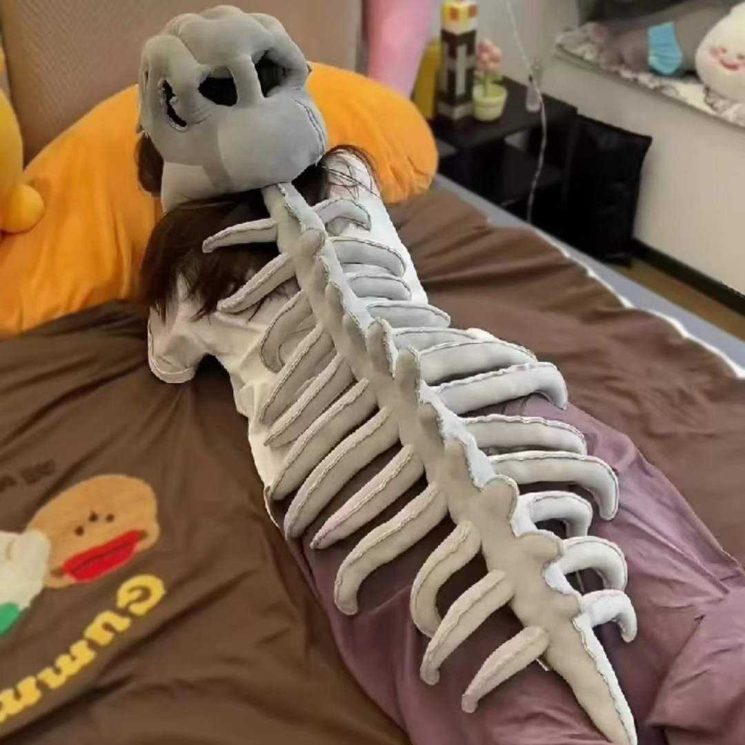 TechMax Solution Black Dinosaur Skeleton Plush - Flexible Dark T-Rex Fossil Stuffed Animal, Wearable Dino Hat & Neck Pillow