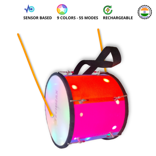 11.5 Inch - Multicolor - Plastic  - Lighting Dholak Tasha - Sensor Based - Double Side