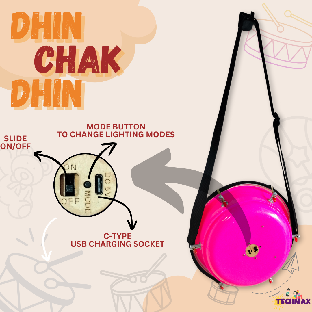 9Inch - Pink - Plastic  - Lighting Dholak Tasha - Sensor Based - Single Side