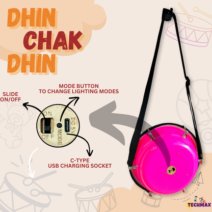 9Inch - Pink - Plastic  - Lighting Dholak Tasha - Sensor Based - Single Side