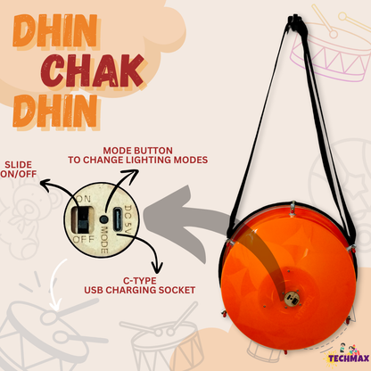 11.5 Inch - Orange - Plastic  - Lighting Dholak Tasha - Sensor Based - Single Side