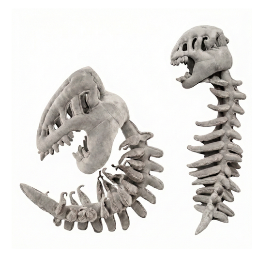 TechMax Solution Grey Dinosaur Skeleton Plush - Flexible T-Rex Fossil Stuffed Animal, Wearable Dino Bone Hat & Neck Pillow