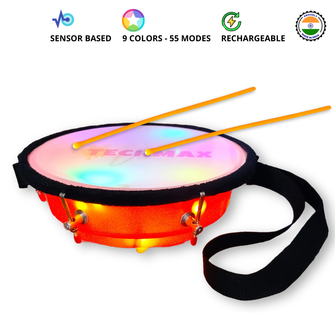 9Inch - Orange - Plastic  - Lighting Dholak Tasha - Sensor Based - Single Side