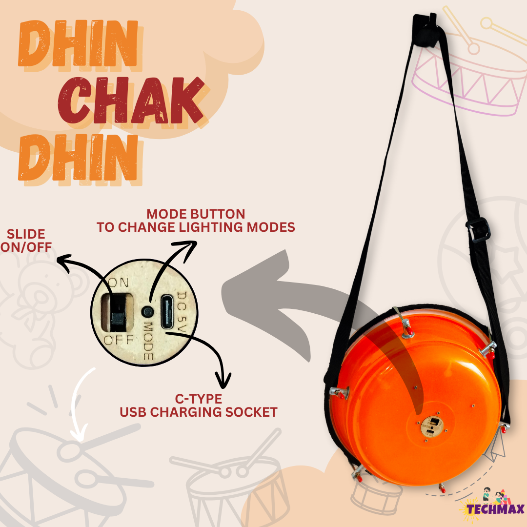 9Inch - Orange - Plastic  - Lighting Dholak Tasha - Sensor Based - Single Side