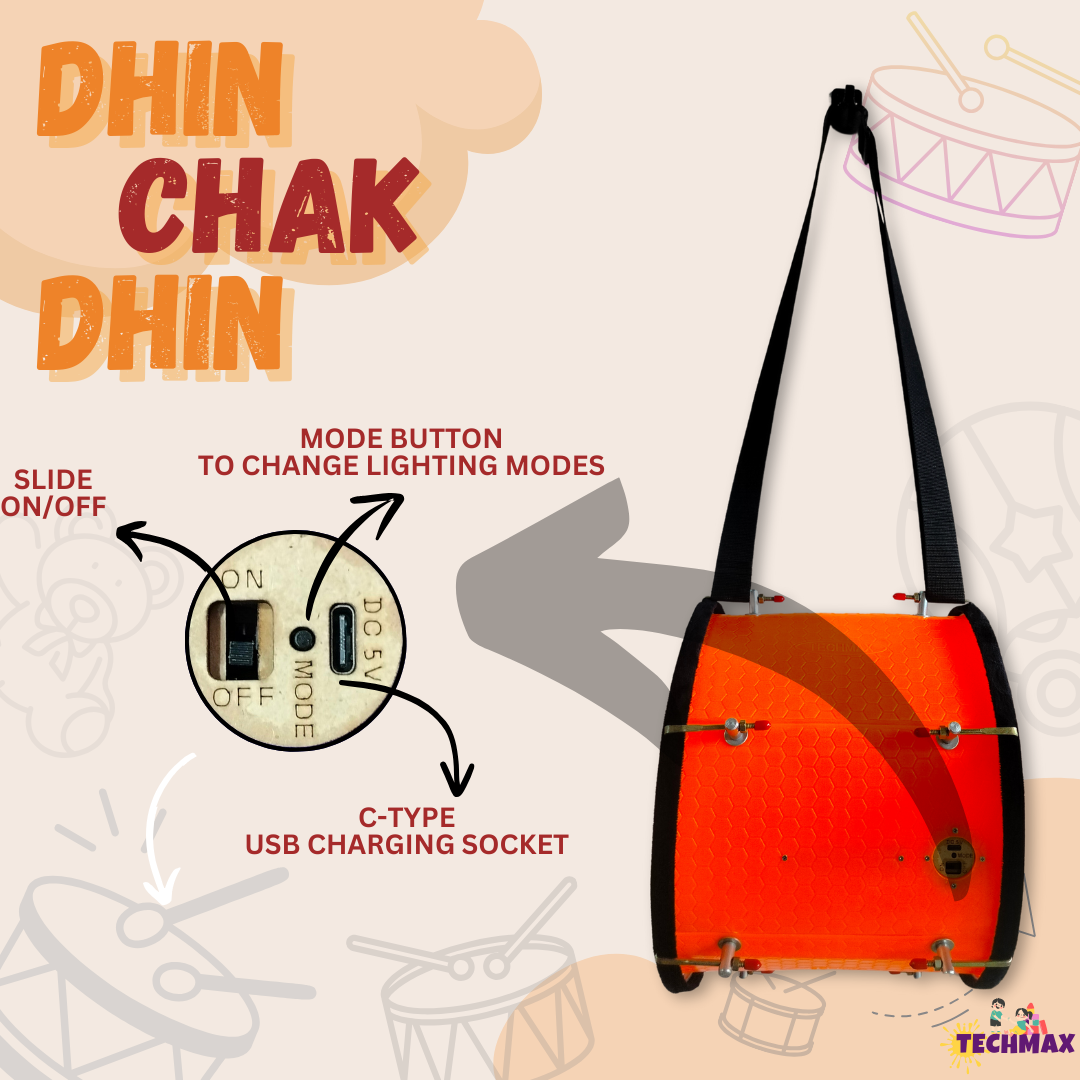 11.5 Inch - Orange - Plastic - Lighting Dholak Tasha - Sensor Based - Double Side