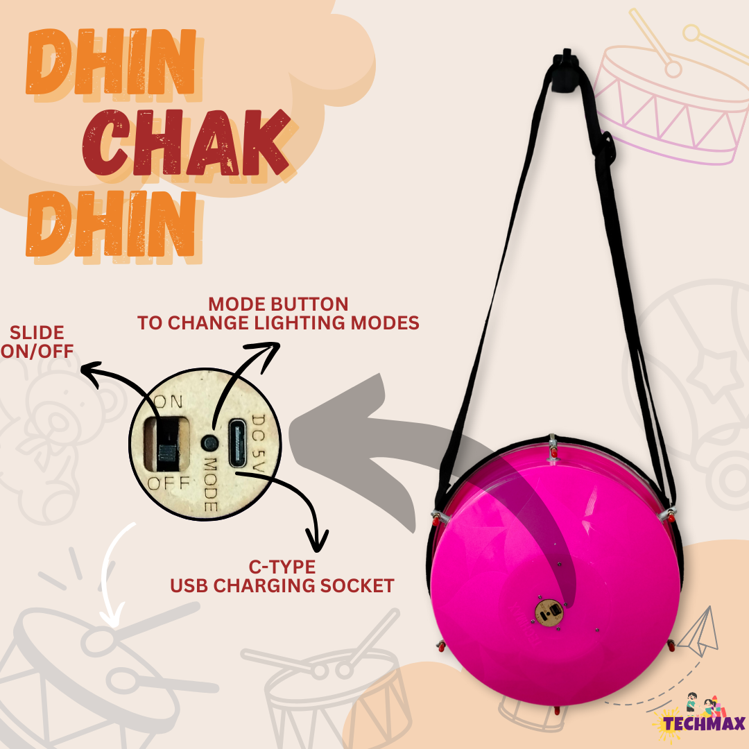 11.5 Inch - Pink - Plastic  - Lighting Dholak Tasha - Sensor Based - Single Side