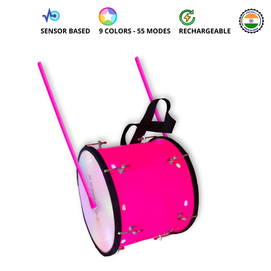 11.5 Inch - Pink - Plastic - Lighting Dholak Tasha - Sensor Based - Double Side